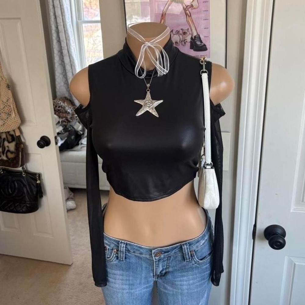 Y2K 2000s Black Faux Leather Mesh Sleeve Crop top